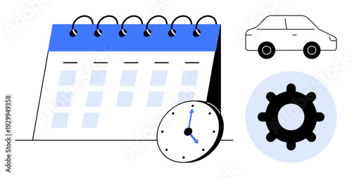 Time management concept. Visual elements include a calendar, clock, car, and gear organization, scheduling, and productivity. Ideal for business, education apps planning and teamwork