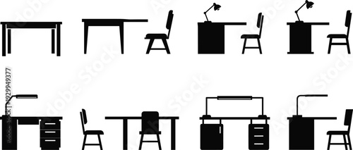 Office desk and chair silhouette set featuring modern workplace furniture, table, lamp and workstation elements in black and white vector illustration collection