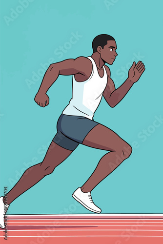 A man in a tank top runs quickly on a track. He shows determination and focus during a sprint. The background is simple and bright.