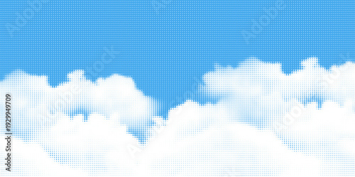 Halftone cloud background. White dotted clouds in blue sky. Comic pop art heaven wallpaper for banner, collage, poster, leaflet, brochure. Rasterized smoke, smog or fog texture. Vector illustration