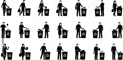 WebPeople recycling waste icons set with men and women throwing trash into recycle bins, environmental protection concept in black and white flat design