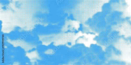 Halftone cloud background. White dotted clouds in blue sky. Comic pop art heaven wallpaper for banner, collage, poster, leaflet, brochure. Rasterized smoke, smog or fog texture. Vector illustration