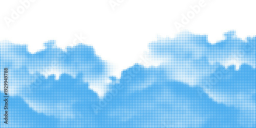 Halftone cloud background. White dotted clouds in blue sky. Comic pop art heaven wallpaper for banner, collage, poster, leaflet, brochure. Rasterized smoke, smog or fog texture. Vector illustration