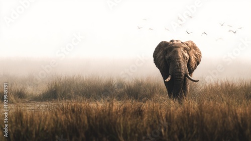 Majestic African elephant standing alone in a vast grassland under a serene sky with birds flying