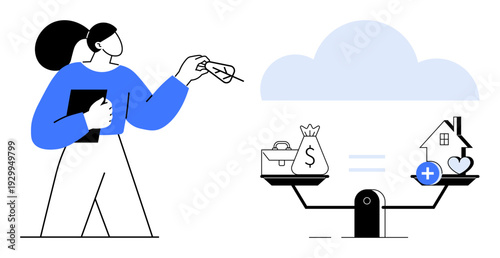 Financial balance. Financial balance highlighted by a businesswoman and scales weighing wealth and home benefits. Financial topics for planning, investments, insurance, economics, lifestyle