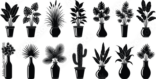 Potted houseplant silhouette vector set featuring indoor plants, cactus and decorative foliage in vases isolated on white background for interior design