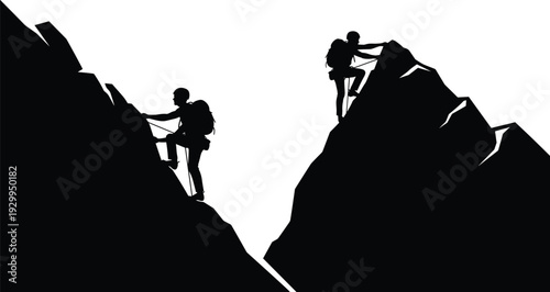 Rock climbing silhouettes of mountaineers ascending steep cliff and mountain peak, adventure sport concept in black and white vector illustration design