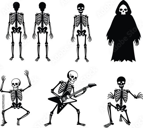 Skeleton silhouette vector set featuring dancing skeletons, grim reaper and guitar player isolated on white background for Halloween party decoration design