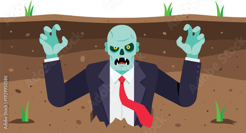 Cartoon zombie businessman rising from ground vector illustration, funny undead monster character in suit and red tie, Halloween themed clipart isolated