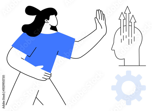 Personal growth concept. Personal growth ed with a character, upward arrows, and gear symbol. Personal growth for development, motivation, goals, innovation, and progress