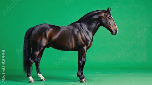 Majestic brown horse standing against green background