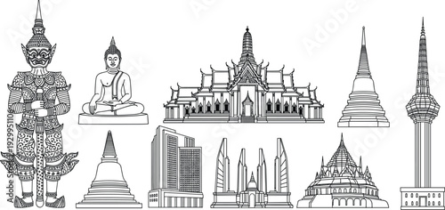 Thailand landmarks and cultural symbols illustration featuring temple architecture, Buddha statue, giant guardian and iconic monuments in detailed black and white line art