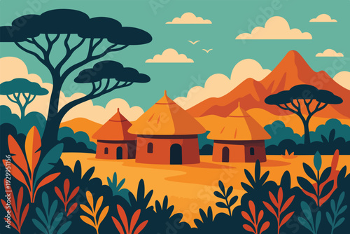 A summer landscape vector illustration featuring a cartoon village and farm with cottage houses under a sunny sky with clouds and distant mountains