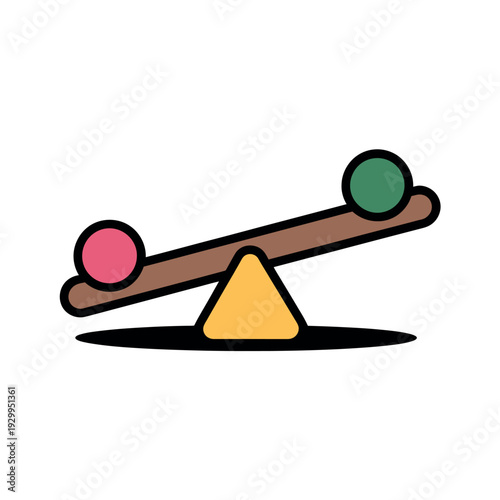 A colorful seesaw with two balls balancing on a fulcrum in a playful illustration