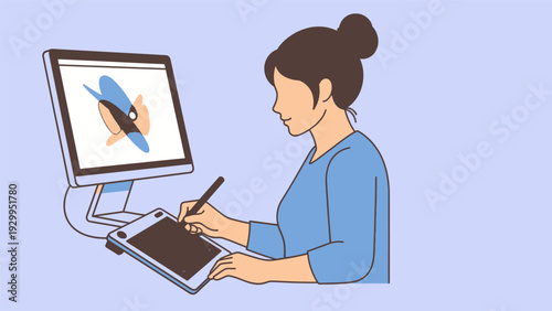 Woman Using Digital Drawing Tablet Computer.