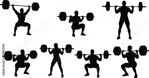 Weightlifting squat silhouette vector set featuring barbell exercises and strength training poses isolated on white background for fitness and gym design