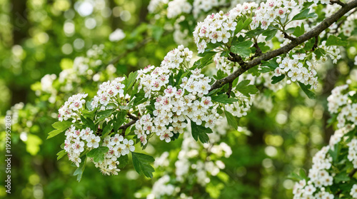 Lush branch of white hawthorn flowers with vibrant green leaves blooming beautifully against a soft, blurred natural background.
