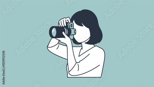 Woman Looking Through Binoculars Cartoon Illustration.