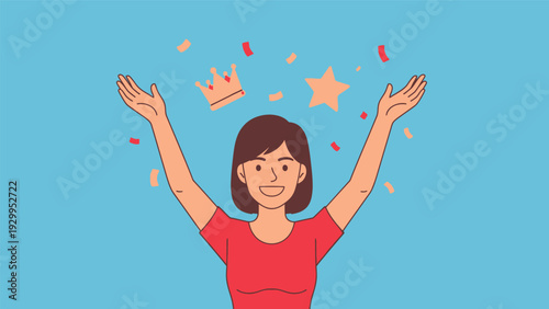 Woman Celebrating Success with Confetti and Crown.