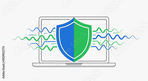 Modern illustration of a laptop providing robust data protection and cybersecurity, symbolizing online privacy and network security through a strong shield