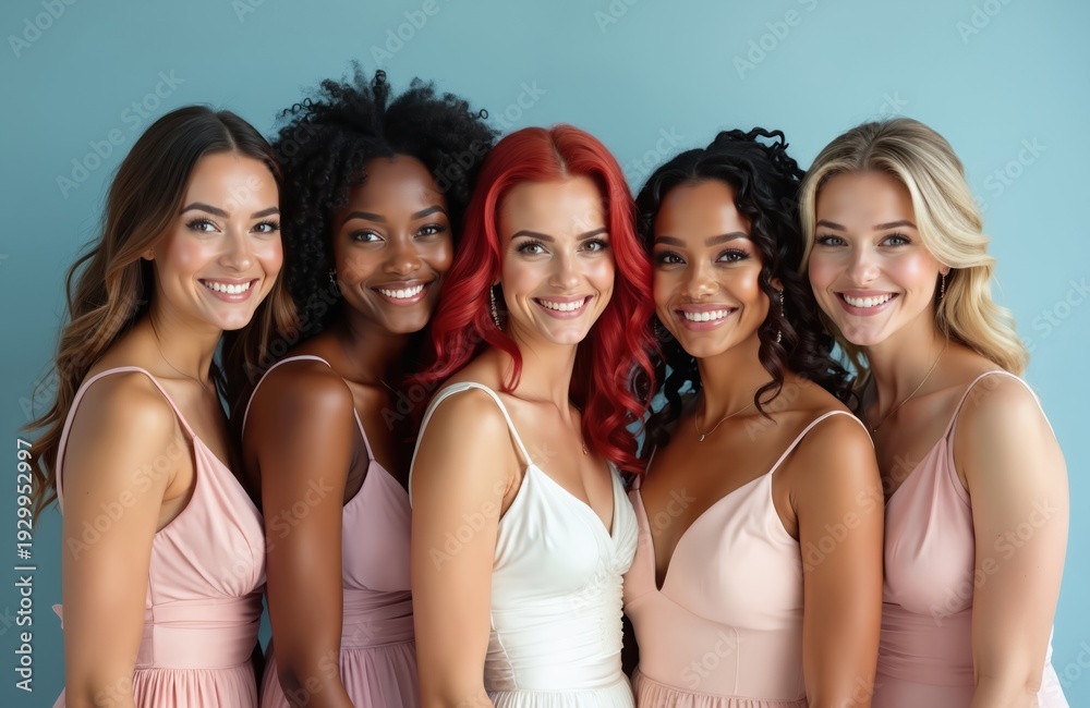 Obraz premium Five women pose together wearing elegant dresses. They are smiling warmly, showing their friendship and bond. A beautiful bridal party celebrates a special wedding day.