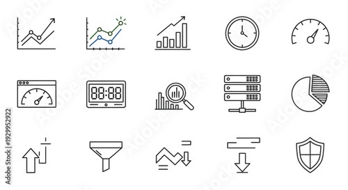 Set of graphic icons representing data analysis, performance metrics, and financial growth for business presentations and web design