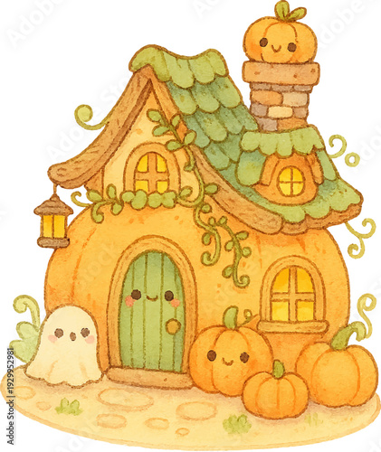 A whimsical cartoon vector illustration of a gingerbread halloween pumpkin house featuring autumn decorations and a snowy winter roof nestled in a festive nature village design