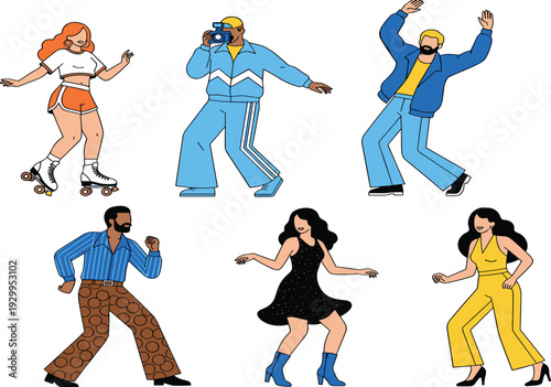 Retro People and Party Lifestyle Vector Illustration Set with Characters Dancing Roller Skating and Photography in 70s 80s Vintage Fashion Style
