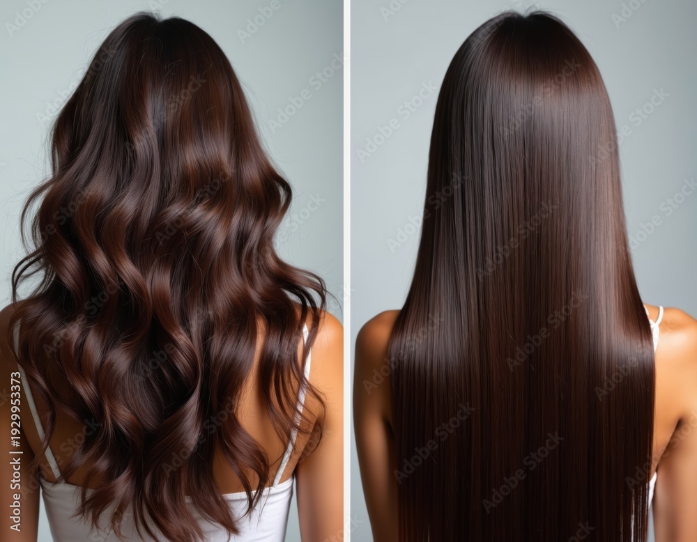 Fototapeta premium Split screen shows woman with wavy brown hair before and after keratin treatment. Hair becomes straight shiny smooth. Smoothness achieved through salon service.