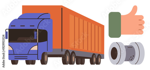 Logistics, transportation, freight delivery, industrial materials, supply chain, trucking business. Blue truck with orange trailer, thumbs-up gesture steel coil. Logistics and transportation concept