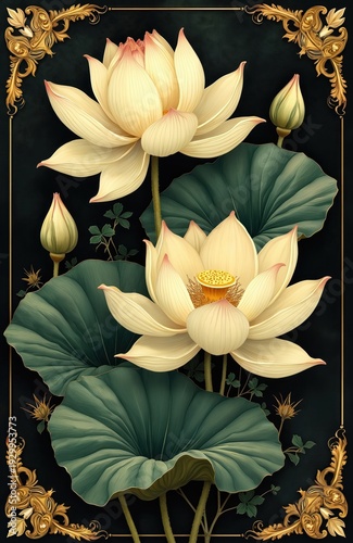 Creamy yellow lotus flowers bloom on dark background. Big green leaves and golden frame adorn floral art nouveau illustration. Buds and small plants visible.