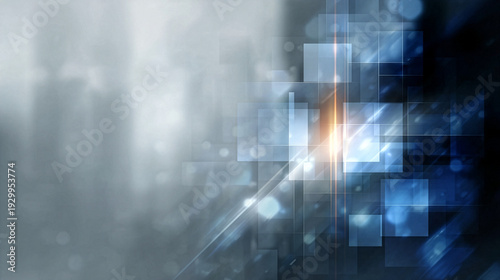 Abstract Blue Geometric Square Mosaic with Lens Flare and Gray Bokeh Corporate Background