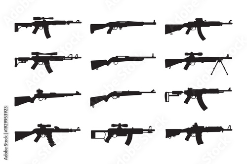 Detailed firearm silhouette icons featuring long range sniper rifles and tactical automatic weapon designs