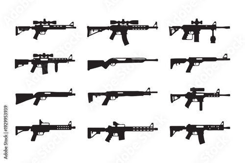 Assorted assault rifle silhouettes collection for gaming military graphics and tactical weapon design sets