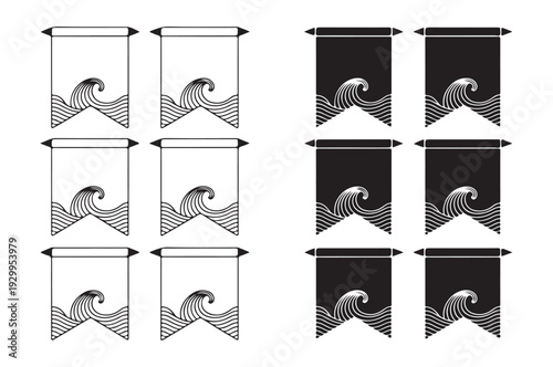 Ocean wave pattern pennants in outline and solid black styles for nautical themes and surf branding designs