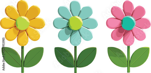 Colorful Cartoon Flower Set with Green Leaves, Cute Spring Floral Illustration Collection for Kids Design, Nature Decoration and Garden Themed Artwork