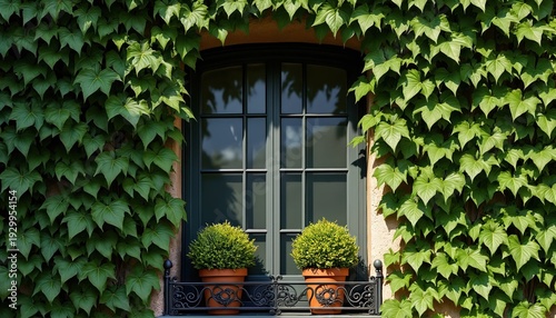 Window framed by dense green ivy leaves. Two potted plants sit on a decorative balcony railing below. Sunlight shines on the foliage and building exterior. Nature climbs on architecture.
