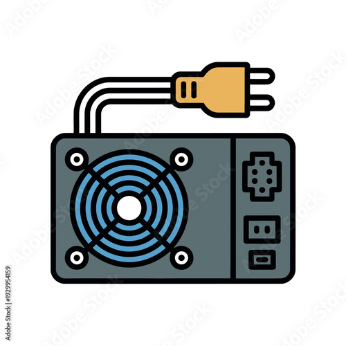 A computer power supply unit with a blue fan and various connectors on a white background