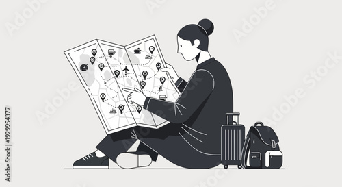 Woman traveler planning trip with map and luggage.