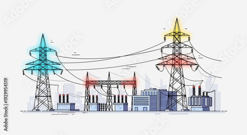 Industrial power transmission infrastructure with towers and substation.