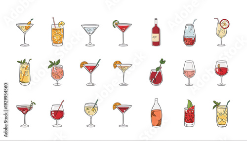 A colorful vector graphic illustration of various cocktail glasses and bottles on a white background