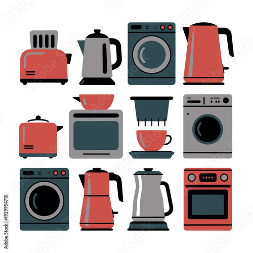 A colorful illustration of various kitchen appliances and gadgets on a white background