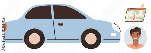 Ridesharing, location tracking, navigation apps, mobile services, transportation, delivery services. A blue car, map with a pin smiling person profile. Ridesharing and location tracking concept