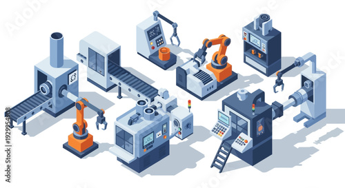 Industrial factory with robotic arms and machinery equipment.