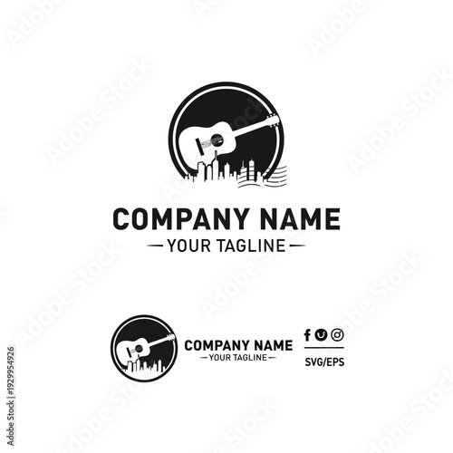 A black and white logo featuring a guitar silhouette superimposed over a city skyline within a circle, symbolizing music and urban life.