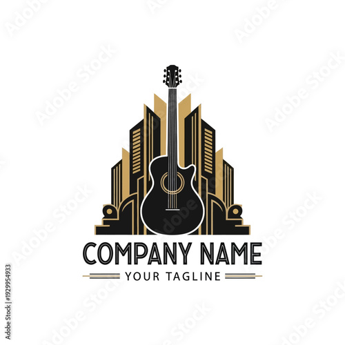 Acoustic guitar superimposed on a stylized cityscape with art deco architectural elements.