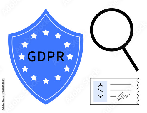 Blue shield with GDPR text and stars, black magnifier symbol, and signed receipt. Ideal for data privacy, regulation, security, transparency, compliance financial transactions legal trust. Simple