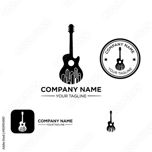 A collection of black silhouette logos featuring a guitar with a cityscape integrated into its body, suitable for music or business branding.