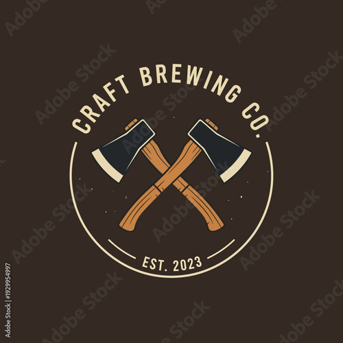 Rustic circular logo for a craft brewing company featuring two crossed axes and the text "Craft Brewing Co. Est. 2023" on a dark brown background.