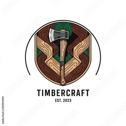 A rustic logo featuring an axe embedded in wood, symbolizing craftsmanship and the timber industry, with the brand name TIMBERCRAFT.